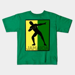 Jamaica sprinter pose with the Jamaican flag colours of black green and gold with the word Jamaica Kids T-Shirt